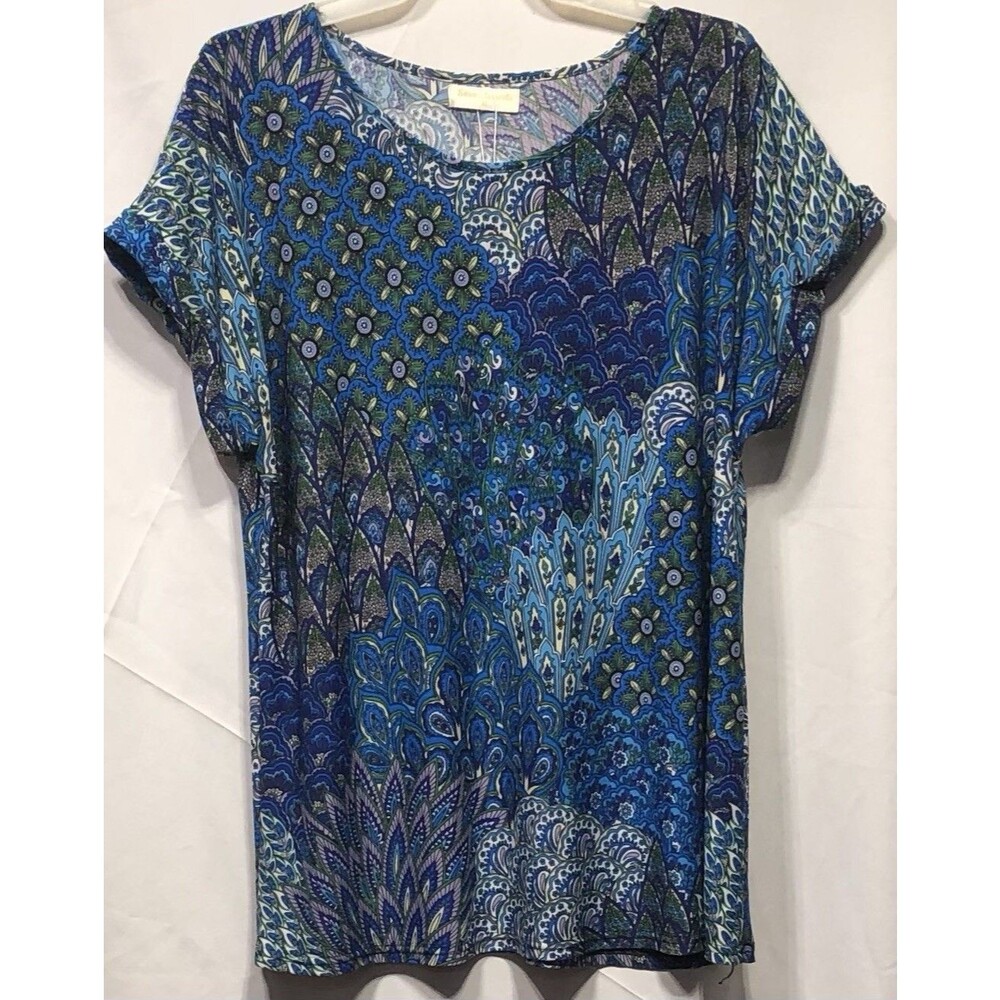 NWOT Seven Islands Top XL Blue Green Geo Short Sleeve Office Funky capsule